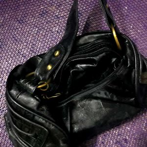 Black leather Shoulder Bag with Gold Buckle