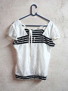 Trendy White & Black Striped Lace Top