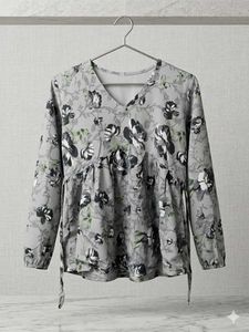 Grey Floral Print V-Neck Tunic Top