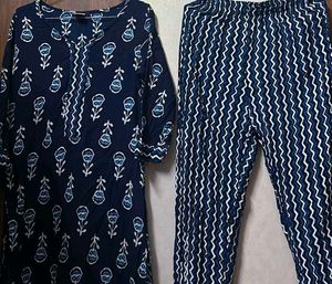 Navy Blue Printed Kurta Set