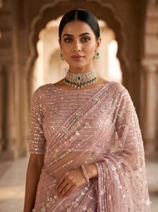 Elegant Sequined Pink Saree With Unstiched Blouse