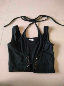 Ribbed Black Halter Crop Top