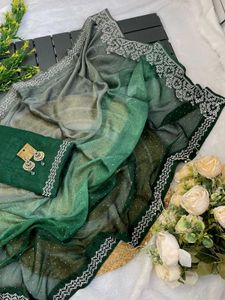 Stunning Embellished Ombre Green Saree