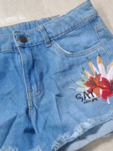 Blue Denim Shorts with Floral Embroidery