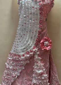 Pink &amp; White Embellished Gown with Rose Details