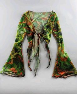 Sheer Bell Sleeve Tie up Front Top