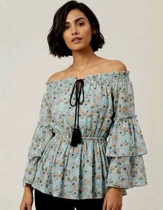 Light Blue Floral Bell Sleeve Top