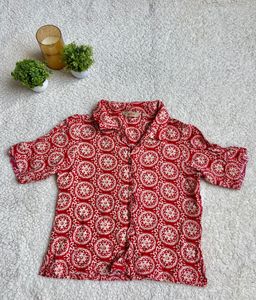 Red & Cream Printed Button-Up Top
