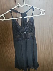 Elegant Black Lace Trim Nightgown