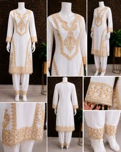 Elegant White &amp; Gold Embroidered Kurta Set