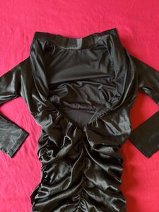 Black Satin Ruched Partywear Mini Dress