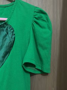 Branded Green Puff Sleeve Top with Heart Detail