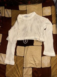 Cream Cropped Mesh Knit Sweater