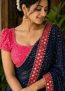 Elegant Navy Blue Saree with Pink Blouse