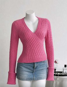 Pink Cable Knit Wrap Sweater