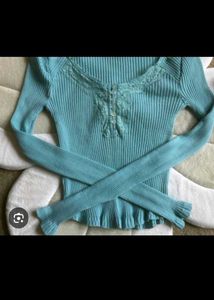 Ribbed Lace Trim Long Sleeve Top