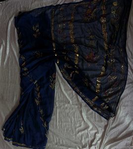 Elegant Navy Blue Saree with Gold Embellishments