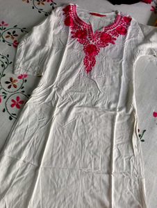 White Kurta with Pink Embroidery