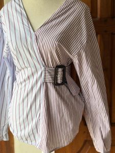 Striped Wrap Blouse with Belt
