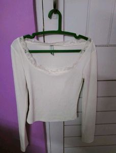 White Lace Trim Long Sleeve Top