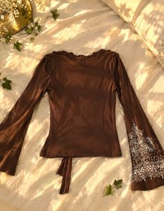 Brown Bell Sleeve Tie Front Top 🤎✨