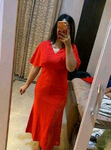 Stunning Red Midi Dress with Lace Detail