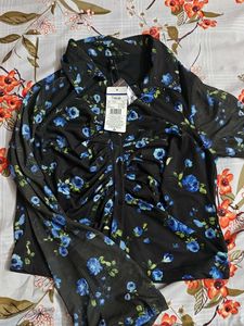 Black Floral Ruched Button-Up Top