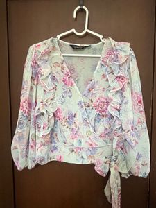 Flowy Floral Ruffle Wrap Top