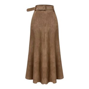 Brown Midi Skirt with Belt