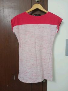 "Paris" Printed Pink &amp; Off White T-shirt, Size - S