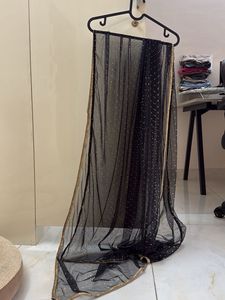 Elegant Black Net Dupatta with Gold Border