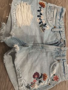 Abercrombie Denim Floral Embroidered Frayed Shorts