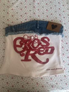 Denim/Cotton strapless graphic tube top