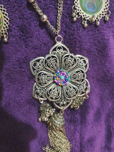 silver oxidised Bohemian Filigree Flower Pendant N