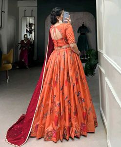 Vibrant Orange Floral Lehenga Choli with Red Dupat