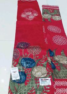 Red Floral Unstitched Cotton Dress Materia