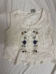 Embroidered Sleeveless Button-Up Top