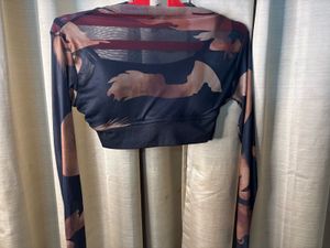 Sheer Mesh Abstract Print Long Sleeve Top