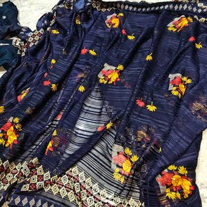 Elegant Navy Blue Floral Saree