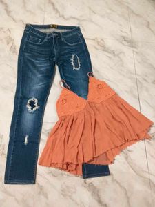 Trendy Distressed Jeans &  Trim Tank top.