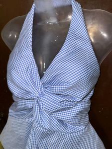 Blue Gingham Twist Halter Top