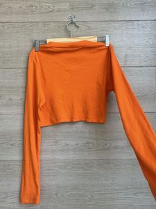 Orange Ribbed Cropped Long Sleeve Top