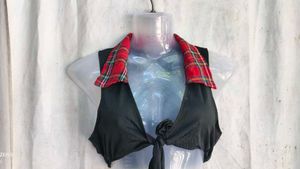 I. Stylish Black Halter Top with Plaid Collar