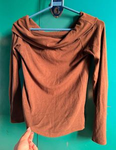 Brown Off-Shoulder Long Sleeve Top