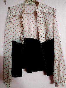 Polka Dot Corset Cinched Waist Blouse Top