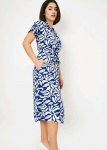 Blue Leaf Print Shirt Dress