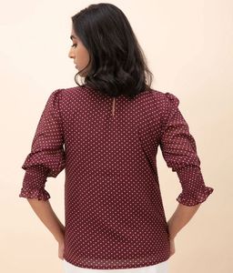 Maroon Polka Dot Puff Sleeve Top