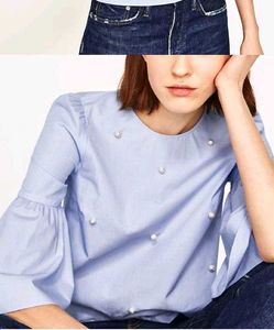 Zara Cute Pearl Embellished Bell Sleeve Top
