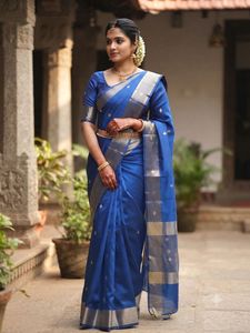 Elegant Blue Silk Saree, Gold Border with blou
