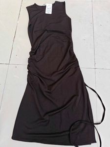 Chic Ruched Brown Midi Dress